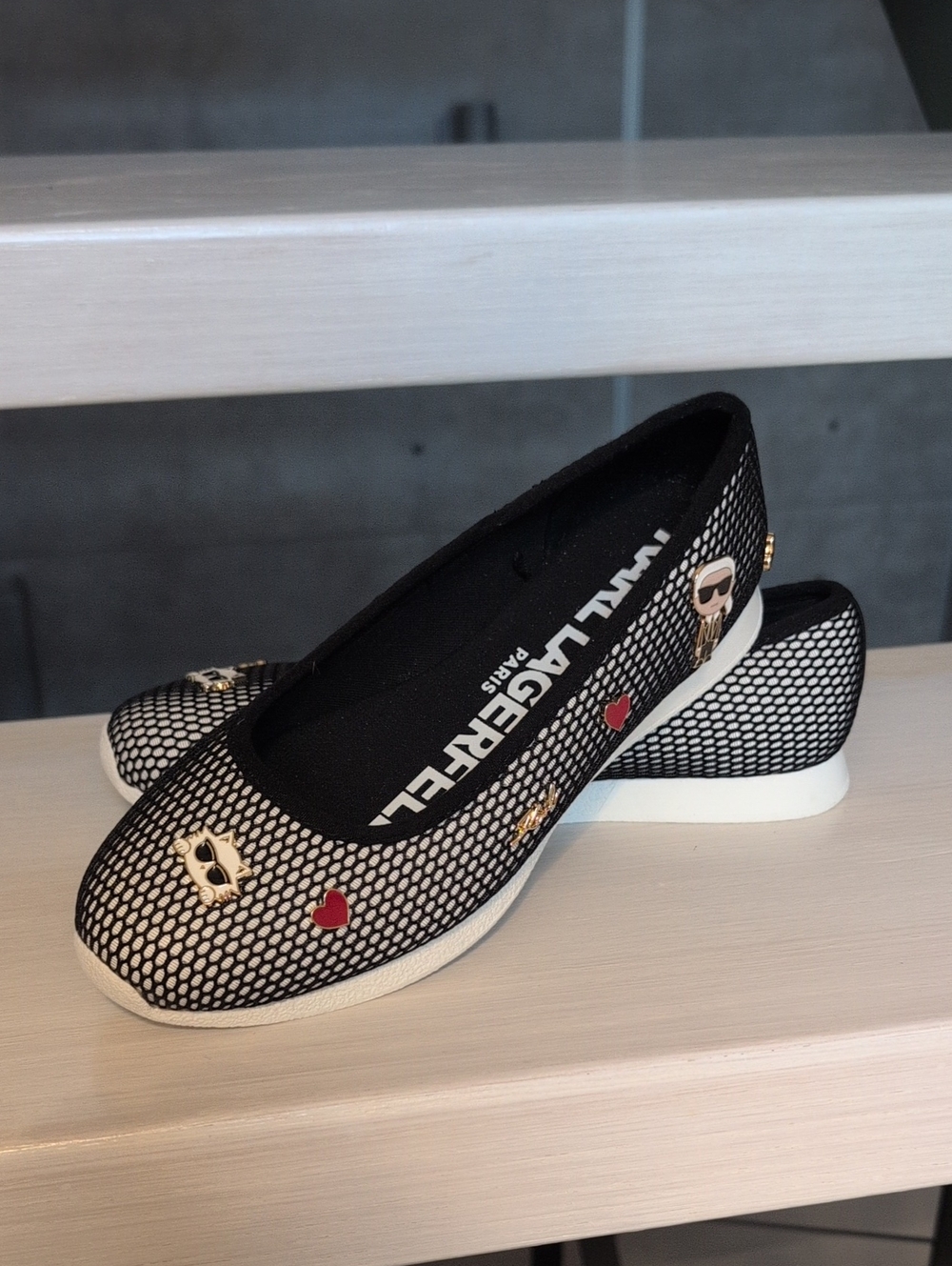 Karl Lagerfeld Black Mesh Slip-On Ballet Flats with Decorative Charms Sz 8.5